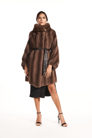 Womens mahogany cross sleeve mink coat with stand up collar