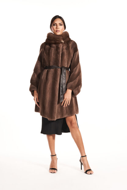 Women's mahogany cross sleeve mink coat with stand-up collar