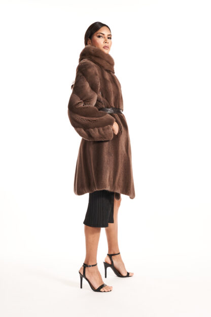 Womens mahogany cross sleeve mink coat with stand up collar