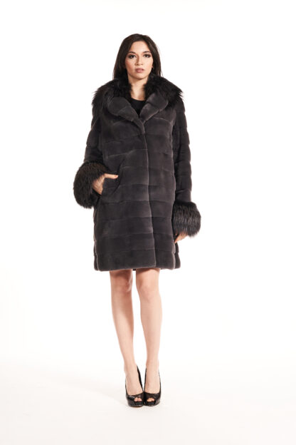 Women's dark gray horizontal fur coat with feathered fox collar and cuffs