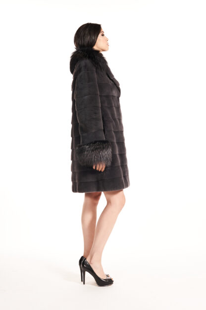 Womens dark gray horizontal fur coat with feathered fox collar and cuffs