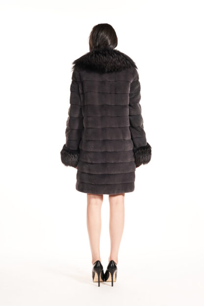 Womens dark gray horizontal fur coat with feathered fox collar and cuffs