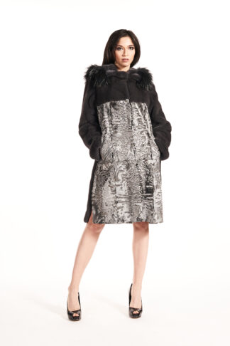 Womens Grey mink and dyed silver swakara fur coat with feathered fox collar