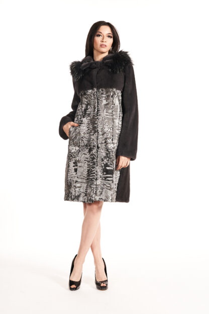 Womens Grey mink and dyed silver swakara fur coat with feathered fox collar