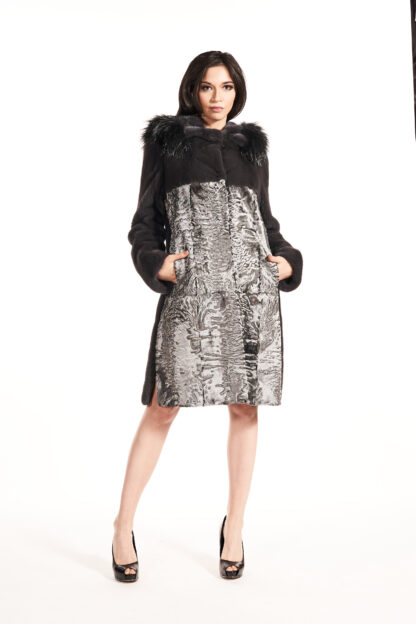 Womens Grey mink and dyed silver swakara fur coat with feathered fox collar