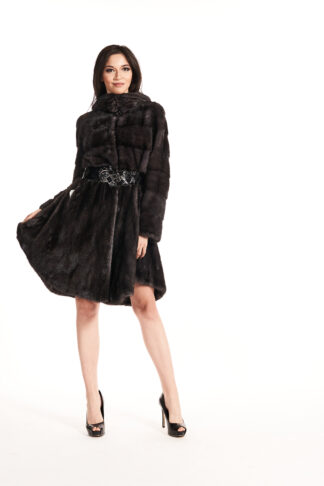 Women's dark brown mink fur swing coat with ornate sash