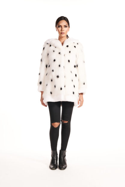 Womens spotted white sheared mink short coat with fox collar