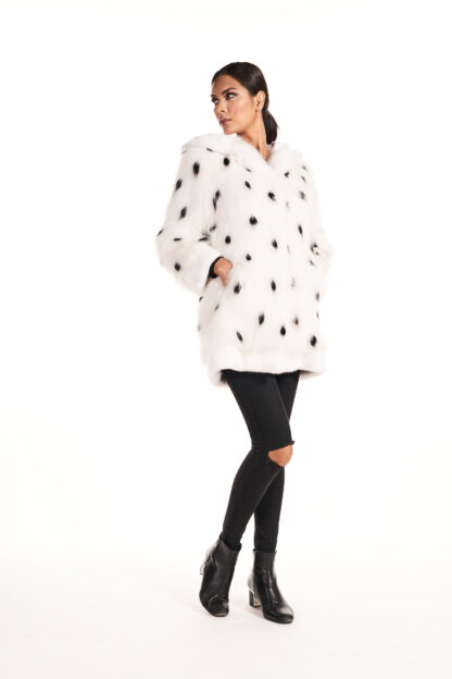 Women's spotted white sheared mink short coat with fox collar