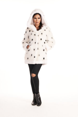 Women's spotted white sheared mink short coat with fox collar