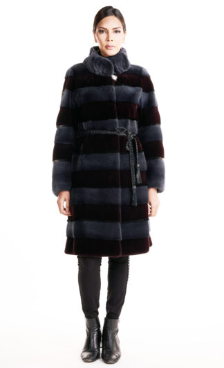 Womens Duo tone Horizontal sheared mink coat with sash