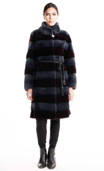 Women's Duo tone Horizontal sheared mink coat with sash