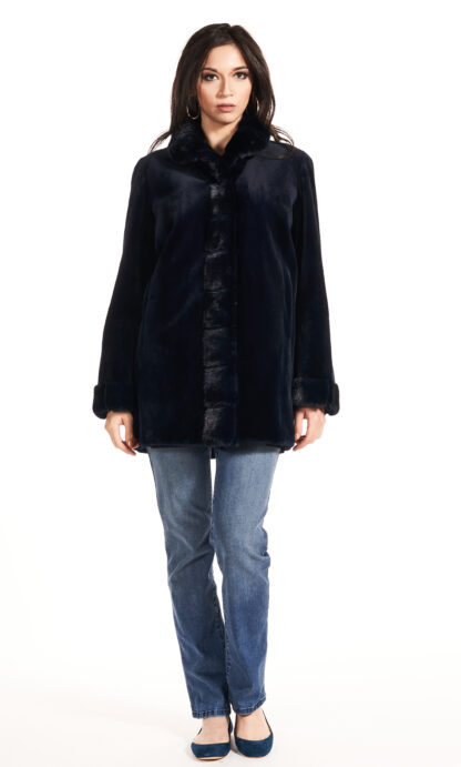 Womens navy blue sheared mink jacket with tuxedo trim