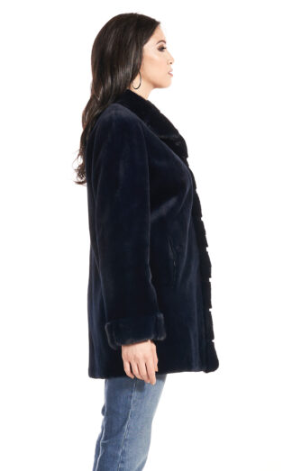 Womens navy blue sheared mink jacket with tuxedo trim