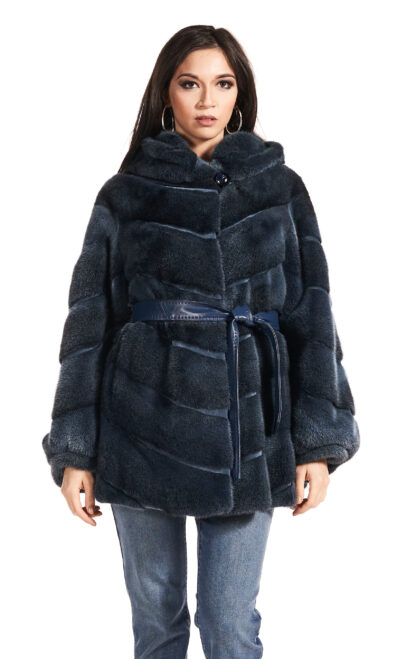 Womans dyed blueprint sheared mink jacket with hood and blue leather inserts and blue leather sash