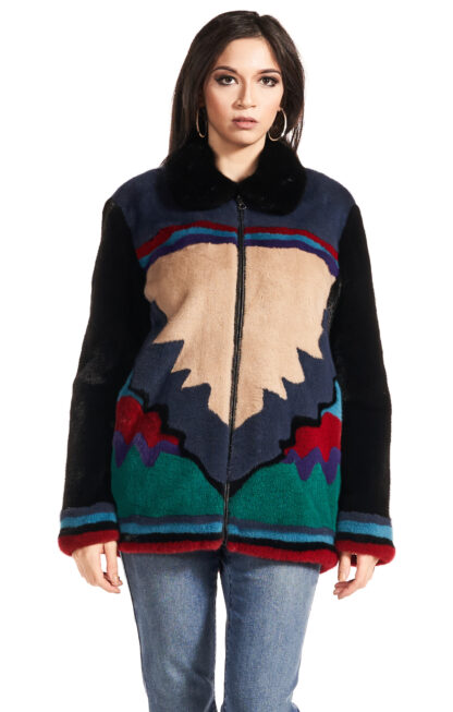 Women's Aztec multicolored sheared mink jacket with black fox fur collar