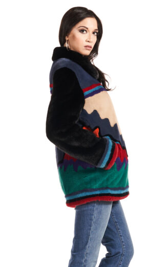 Women's Aztec multicolored sheared mink jacket with black fox fur collar