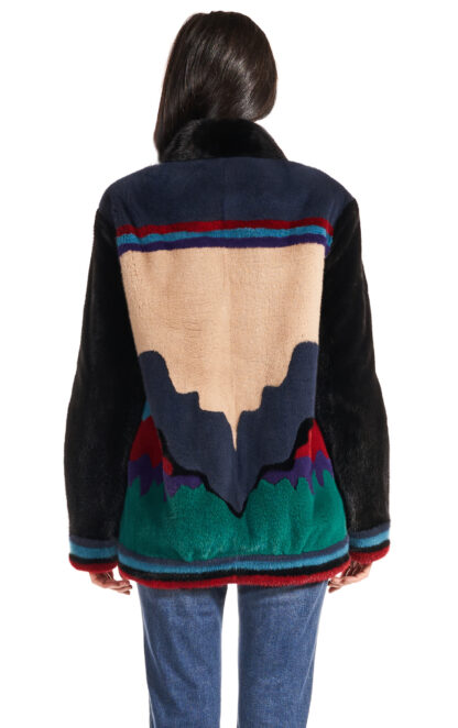 Women's Aztec multicolored sheared mink jacket with black fox fur collar