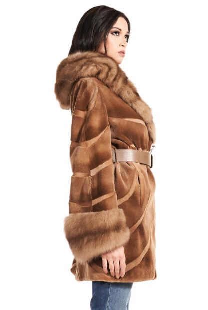 Womens whiskey colored sheared mink jacket with sable collar and cuffs and leather inserts with leather sash and hood