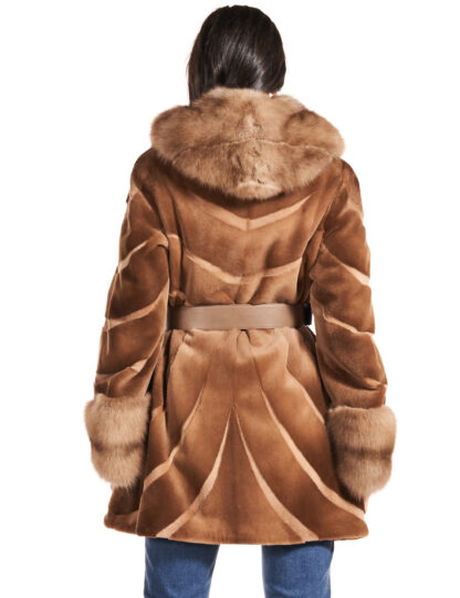 Womens whiskey colored sheared mink jacket with sable collar and cuffs and leather inserts with leather sash and hood