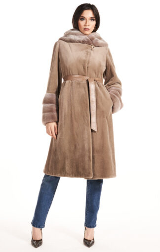 Women's tan colored sheared mink 3/4 coat with shawl collar and mink cuffs with leather tan sash.