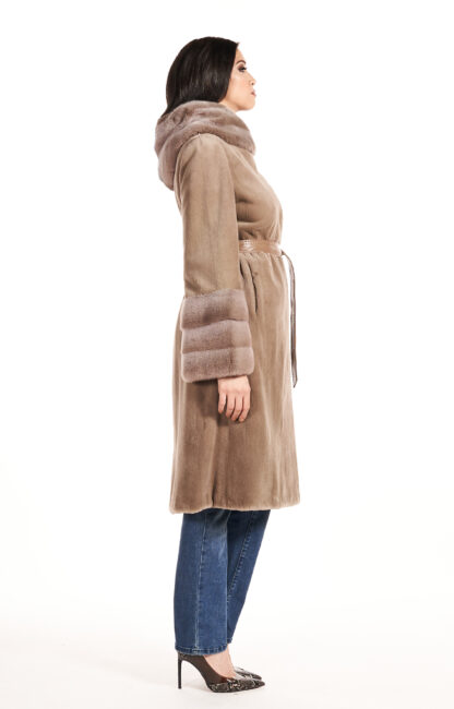 Womens tan colored sheared mink 34 coat with shawl collar and mink cuffs with leather tan sash