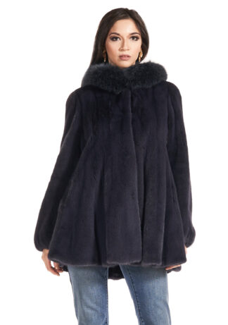 Women's dark purple sheared mink swing jacket with dark purple fox fur collar