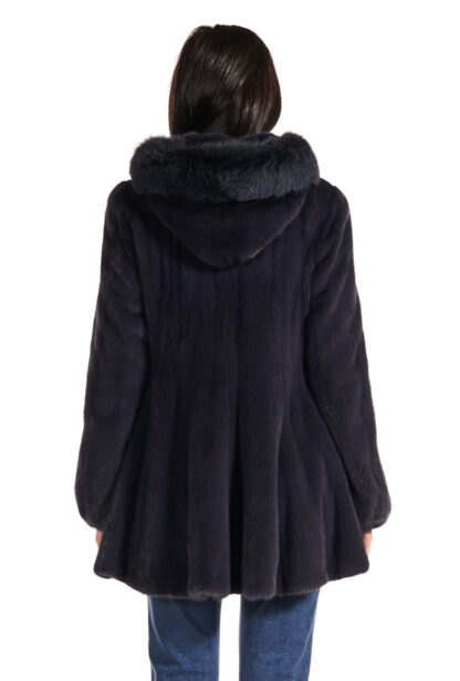 Women's dark purple sheared mink swing jacket with dark purple fox fur collar