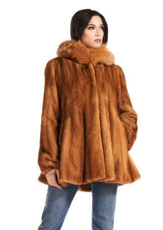 Womens Cognac colored sheared swing mink jacket with fox collar