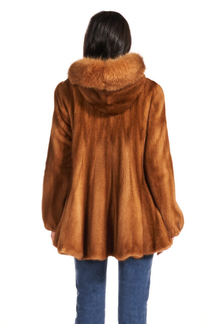 Women's Cognac colored sheared swing mink jacket with fox collar