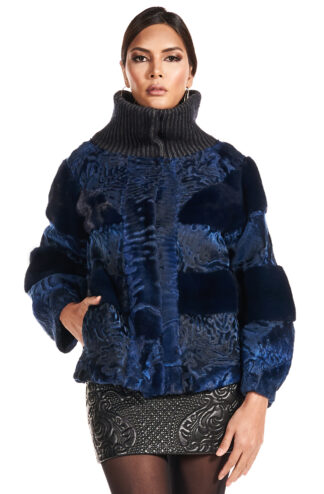 Womens dyed blueprint swakara jacket with blue mink inserts and ribknit collar