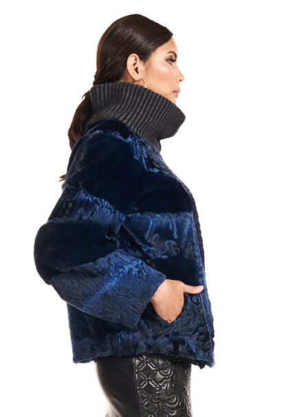 Womens dyed blueprint swakara jacket with blue mink inserts and ribknit collar