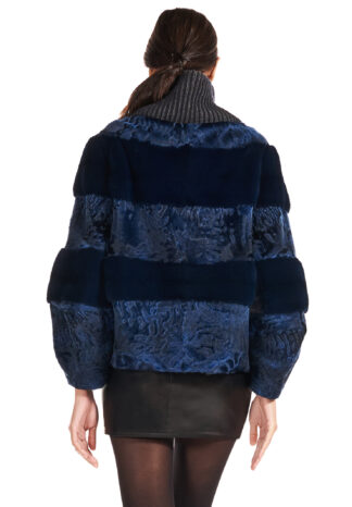 Women's dyed blueprint swakara jacket with blue mink inserts and ribknit collar