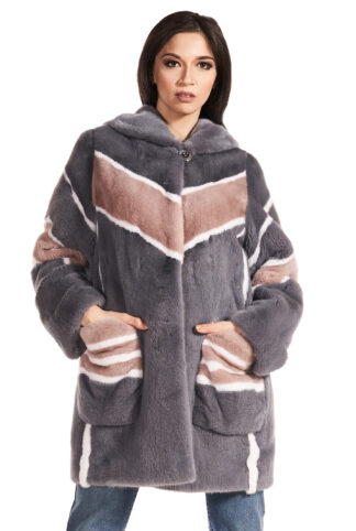 Women's goes pattern multicolored sheared mink coat with oversized pockets and hood