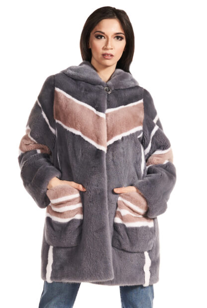 Womens goes pattern multicolored sheared mink coat with oversized pockets and hood