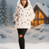 Women's spotted white sheared mink short coat with fox collar