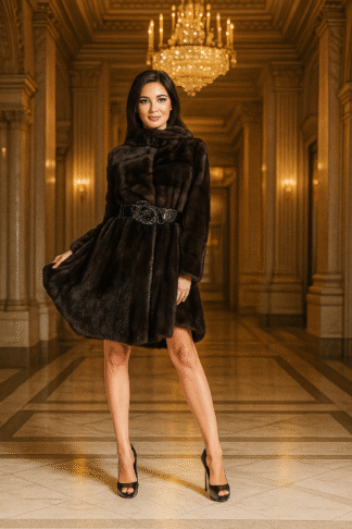 Women's dark brown mink fur swing coat with ornate sash