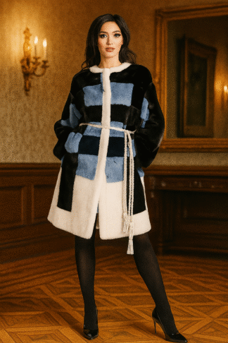 Women's Multi colored sheared mink coat with sash and geo pattern
