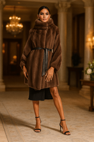 Women's mahogany cross sleeve mink coat with stand-up collar