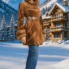 Women's whiskey colored sheared mink jacket with sable collar and cuffs and leather inserts with leather sash and hood