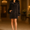 Women's dark gray horizontal fur coat with feathered fox collar and cuffs