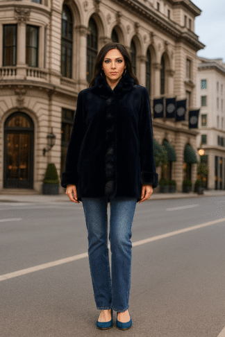 Women's navy blue sheared mink jacket with tuxedo trim.