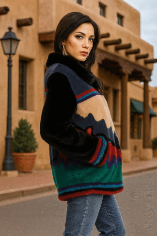 Women's Aztec multicolored sheared mink jacket with black fox fur collar