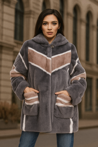 Women's goes pattern multicolored sheared mink coat with oversized pockets and hood
