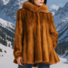 Women's Cognac colored sheared swing mink jacket with fox collar