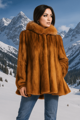 Women's Cognac colored sheared swing mink jacket with fox collar
