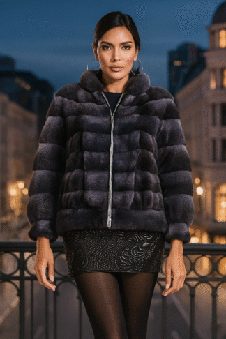Women's purple dyed horizontal Chinchilla jacket with zipper
