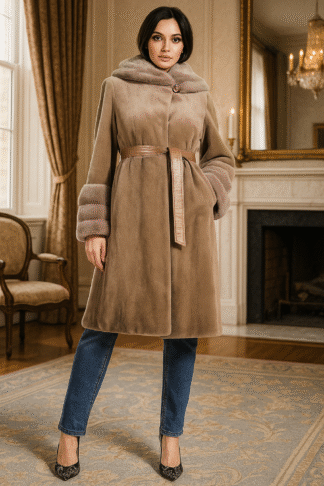 Women's tan colored sheared mink 3/4 coat with shawl collar and mink cuffs with leather tan sash