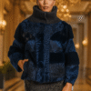 Women's dyed blueprint swakara jacket with blue mink inserts and ribknit collar