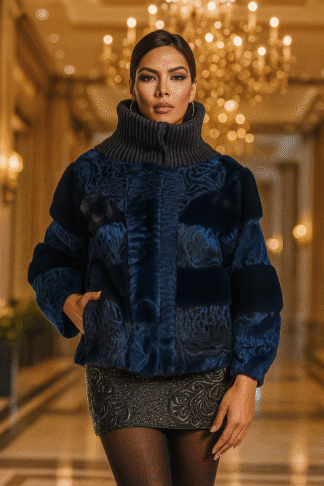 Women's dyed blueprint swakara jacket with blue mink inserts and ribknit collar