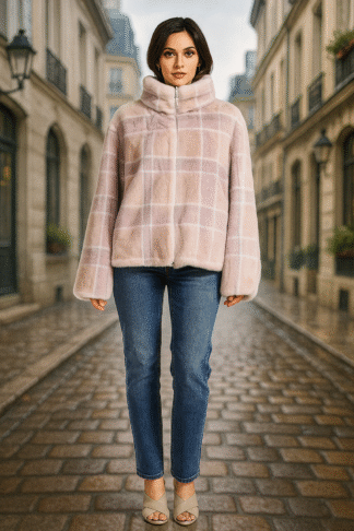 Women's multicolored geo pattern sheared mink jacketwith standup collar